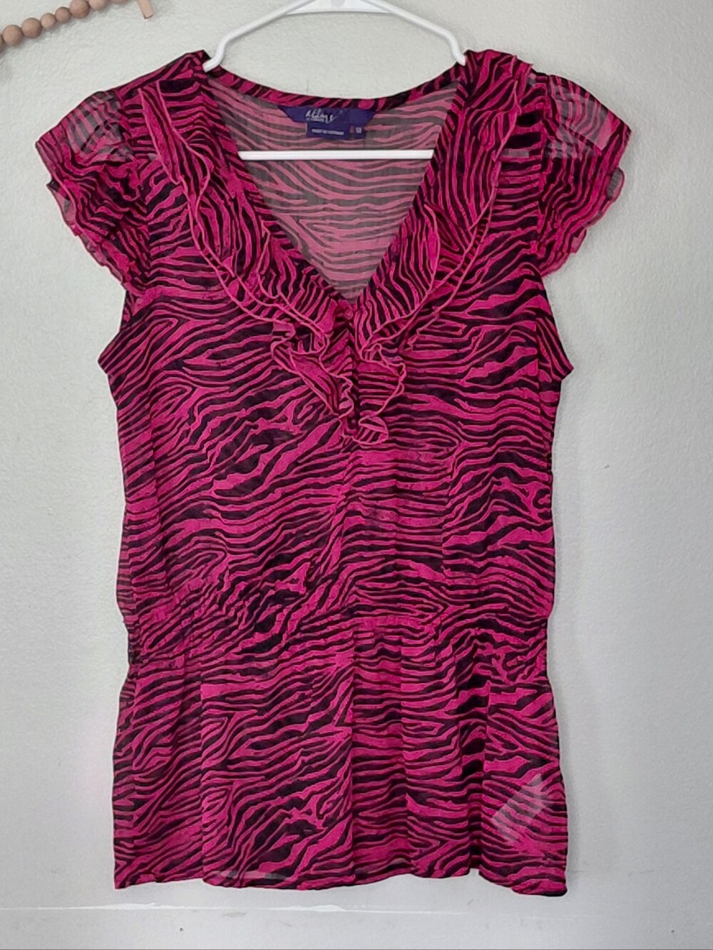 Miley Cyrus Max Azria Y2K Semi Sheer Zebra Hot Pink Cinch Waist Ruffle Blouse